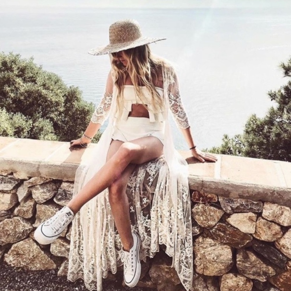 New Vintage Lingerie Look Mesh Lace Embroidered Maxi Kimono Duster Robe
